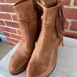 🤍🤍Sam Edelman Louie Cognac Leather Fringed Chunk Heel Ankle Bootie Women…